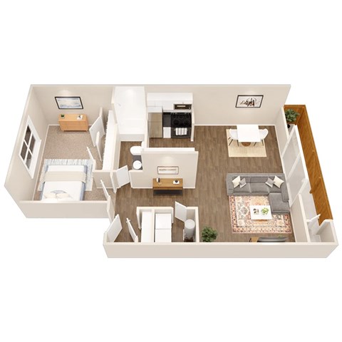 a 3d floor plan of a home with a bedroom and a living room